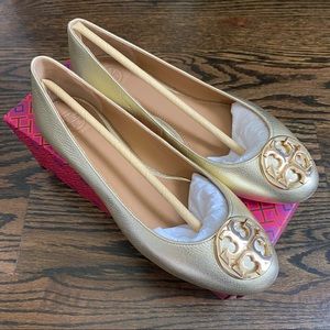 NEW IN BOX TORY BURCH Claire Metallic Ballet Leather Flat Shoes GOLD SIZE US 8